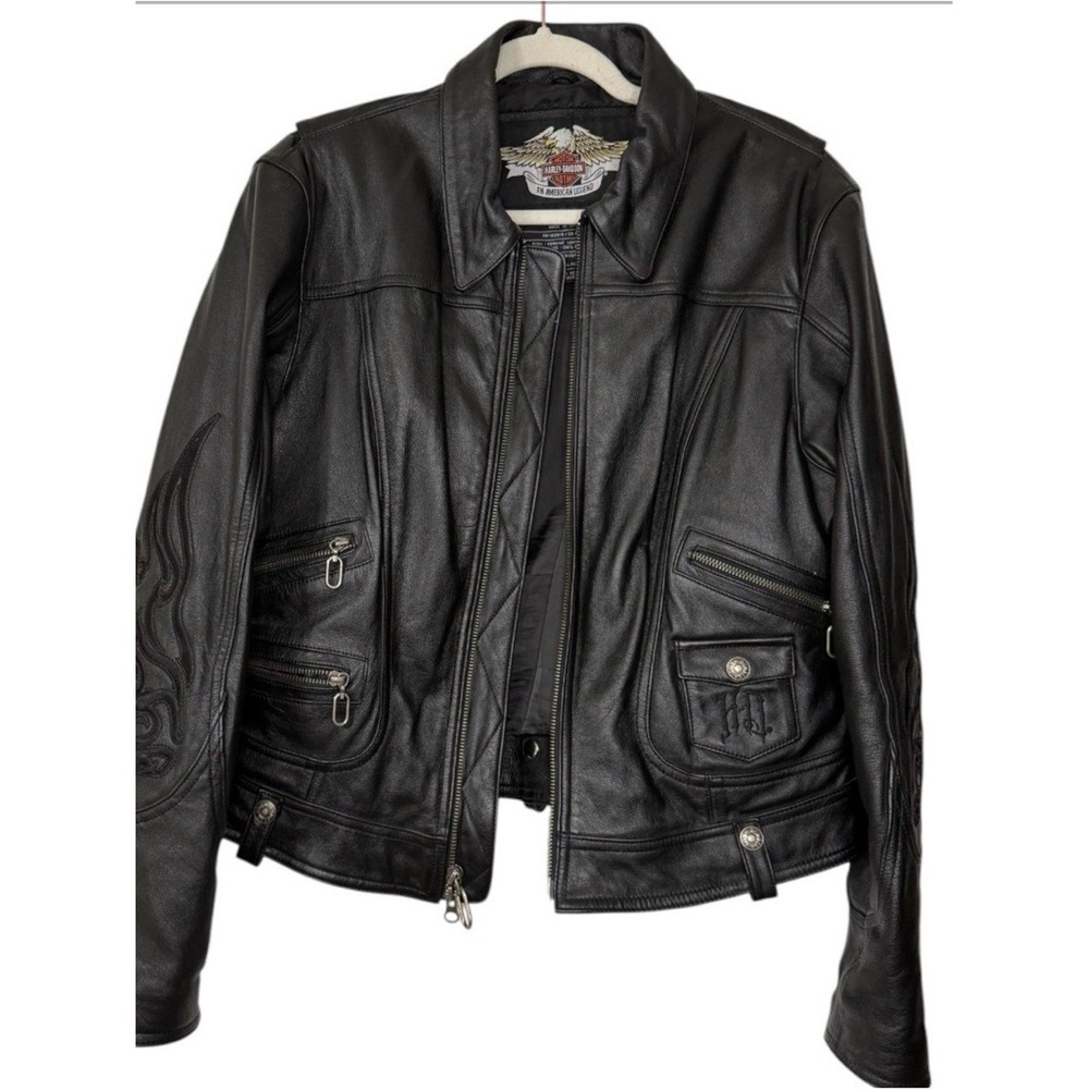 Harley-Davidson Leather Motorcycle Jacket Women XL Black Excellent Flame Graphic